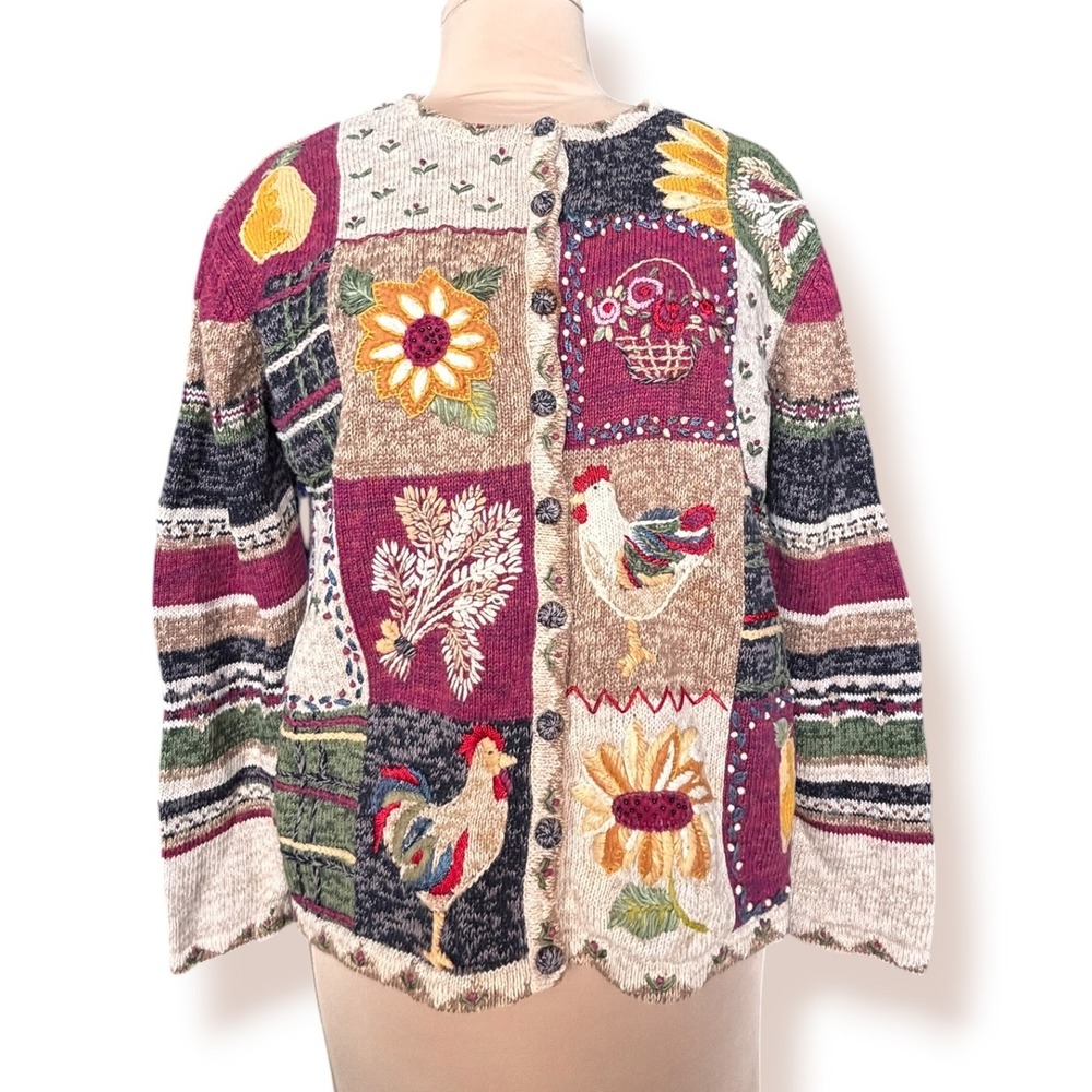 Y2K Tiara International Patchwork Cardigan Sweater Rooster Floral Sunflower Fall